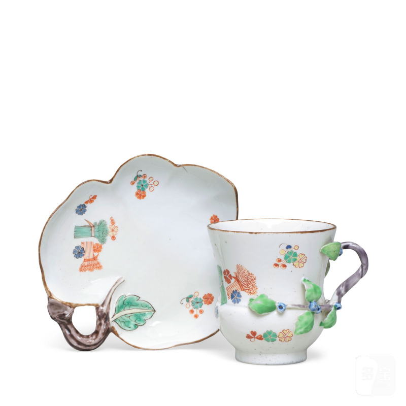 A Chantilly cup and a small Chantilly leaf-shaped dish, circa 1735-40